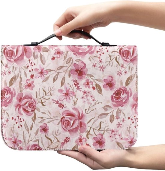 Bijbelhoes met Handvat - Boekentas Beschermhoes - Bijbel Opbergen - Bloemenprint PU Leer - M: 23.4x16x4.1 cm - Roze