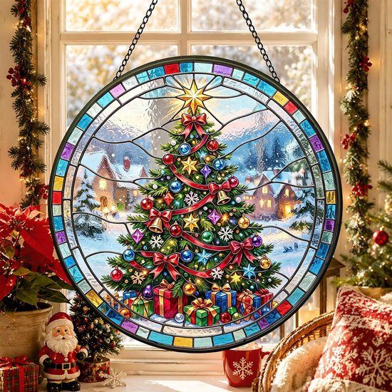 Bimkole Kerstboom Gekleurd Glas, Raamhanger Zonnevanger 20x20 cm A9