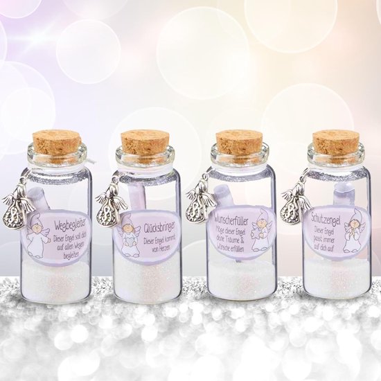 Bing Set van 4 wensglas beschermengel met vier verschillende spreuken wensvuller voucher met ruimte voor eigen boodschappen cadeau engel hanger 4x gesorteerd 46