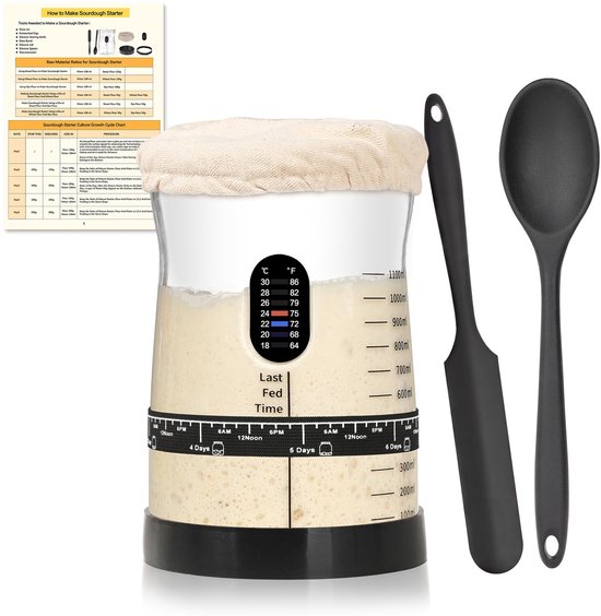 Bird Zuurdesem Starter Kit - 1.5L Grote Glazen Zuurdesempot met Thermometer, Verstelbare Band met Datum en Maatverdeling, Siliconen Spatel en Lepel | Bakspullen voor Brood - Zwart, 1 Set