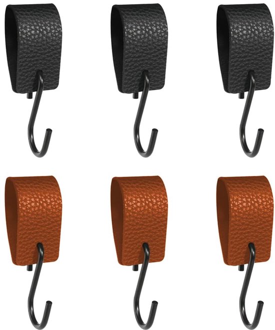 Black and Dark Brown Leather Loop Hooks Pack of 6 Hooks Coat Hooks Multi-Purpose Hooks with Leather Loop Camping Hooks