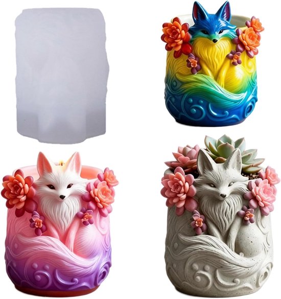 Bloempot siliconen vorm, 8,5 x 6,4 cm DIY katten plantenbakvorm voor gips beton, kattenpotvorm voor vetplanten, mini-planten, creatieve kat bloempot potjes kaarsenhouder (vos)