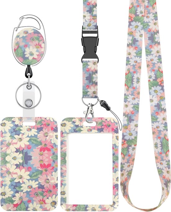 Bloemrijke Badgehouder met Retractable Reel, Carabiner Clip en Afneembare Lanyard - Stijlvolle Verticale Kaartbeschermer voor Vrouwen, Leraren en Studenten