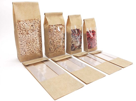 Blokbodemzakken Bruin Kraft look 60my + venster 12+7x33cm (50 Stuks) | Uitdeelzakjes van Merkloos