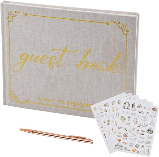 Boek van beige linnen, elegant, hardcover, vintage, voor bruiloft, verjaardag, doop, 100 pagina's, gastenboek, personaliseerbaar met stickers en pen voor foto's, herinneringen, berichten