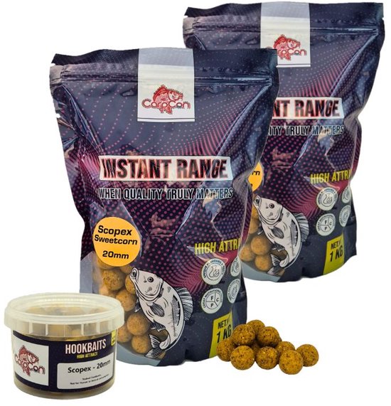 Boilie Session Pack 'Scopex Sweetcorn' - 2x 1kg Instant Range Boilies (15mm & 20mm) + 20mm High Attract Hookbaits - Karper Aas - Boilies van Merkloos