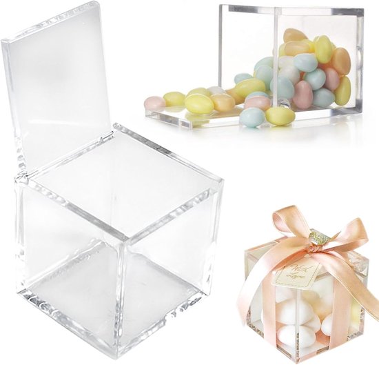 Bomboniere 20 doosjes van plexiglas, 5 x 5 x 5 cm, transparant, voor bruiloft, doop, geboorte, communie, afstudeerfeest