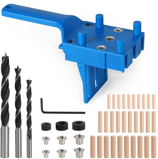 Boorsjabloon, pluggenhulp, pluggenmes, boorhulp, verticaal boren, pluggeninrichting met 6 mm, 8 mm, 10 mm, boor, houtpluggen, centreerpunt, boorgeleiding voor pluggaten, houtbewerking, blauw