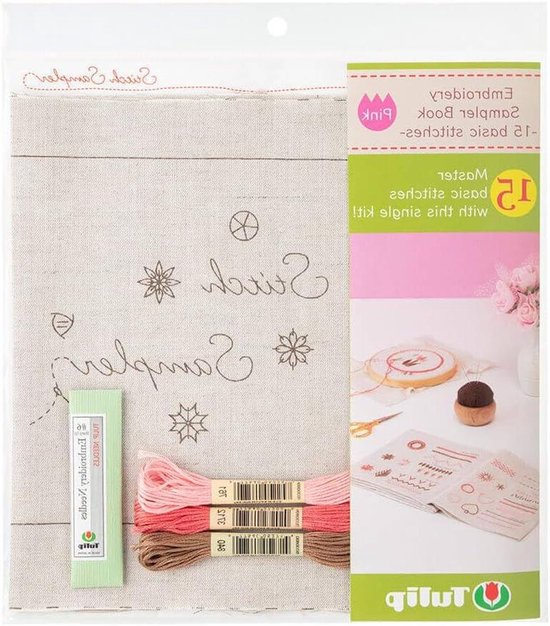 Borduur Sampler Boek - Steken Leerboek - Ambachtelijk Leren - 15 Verschillende Steken - 25.5 x 22.5 cm - Roze