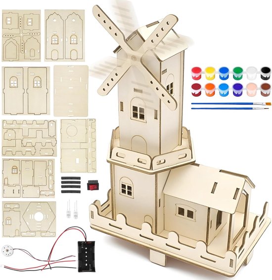 Bouwset voor een Houten Windmolen, DIY Elektronische Constructie, Educatief Speelgoed voor Kinderen, Creatieve Wetenschappelijke Experimenten en Circuitbouw