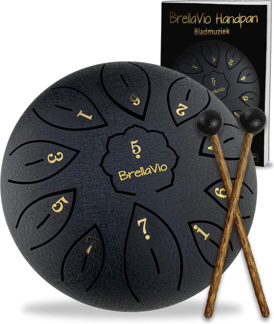 BrellaVio Handpan - Met Lesboek - Let op: afmeting 16cm ø - Zwart - Healing Steel Tongue Drum - Hand Klankschaal - Hang Drum - Lotus Tong Muziektherapie van BrellaVio
