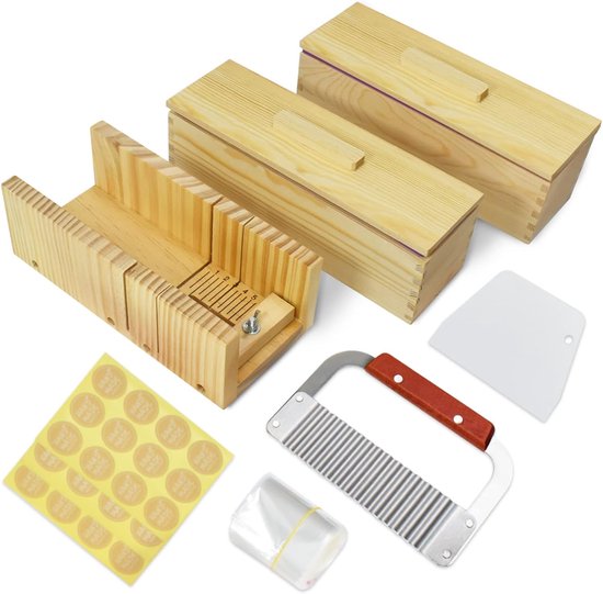 Brood Zeep Maken Snijmal Kit 2 Stks 44oz Rechthoekige Siliconen Zeep Mal, 2 Stks Houten Doos Met Deksel, Verstelbare Houten Zeep Snijgereedschap Met Roestvrij Staal Golvend & Plastic Rechte