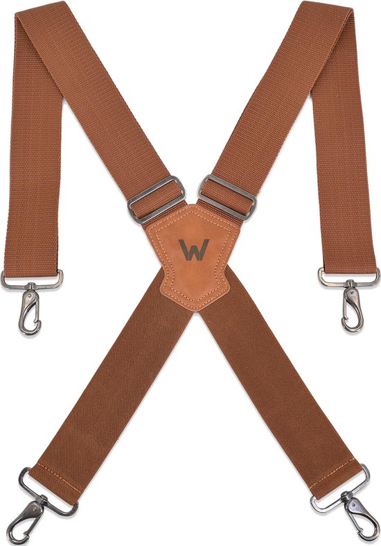 Brown 2 Inch Wide Suspenders with Swivel Hook and Belt Loops - Heavy Duty Work Suspenders for Men with Carabiners - ShopVlot