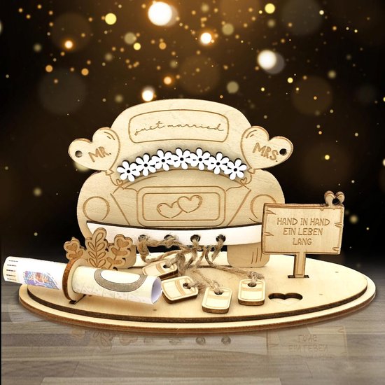Bruiloft, hout, huwelijkscadeau, geldcadeau, huwelijkscadeau voor bruidspaar, decoratief cadeau, hartvormig cadeau voor bruiloft, trouwdag (Just Married)