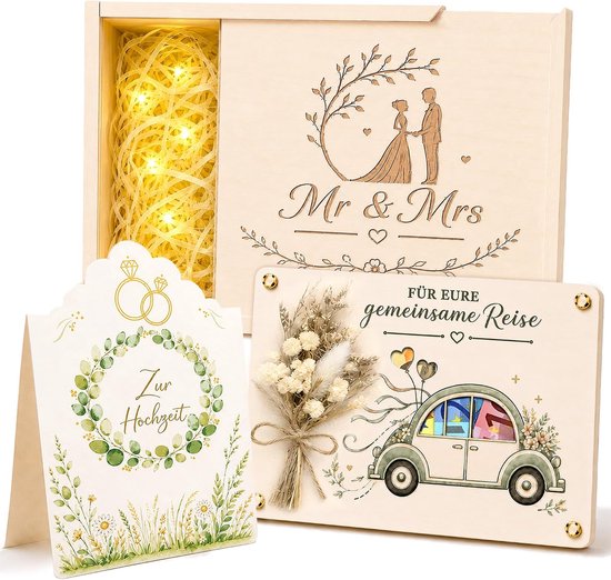 bruiloft hout, huwelijkscadeau voor bruidspaar met geschenkdoos, houten kaart, bruiloftskaart & gedroogde bloemen, geldgeschenken voor bruiloft, huwelijksreis