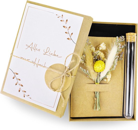 bruiloft, huwelijkscadeau voor bruidspaar, geld, geldgeschenken, bruiloft, verpakkingsdoos met bruiloftskaart, droogbloemen, henneptouw, kunststof reageerbuisband, kraftpapier hanger, D