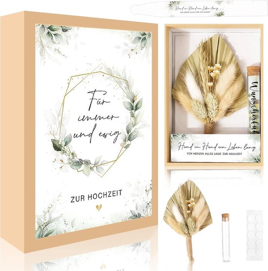bruiloft verpakkingen, huwelijkscadeaus voor bruidspaar Geschenkdoos Kraftpapier-geschenkdoos met gedroogde bloemen wensglas, DIY Eenvoudig creatief huwelijkscadeau