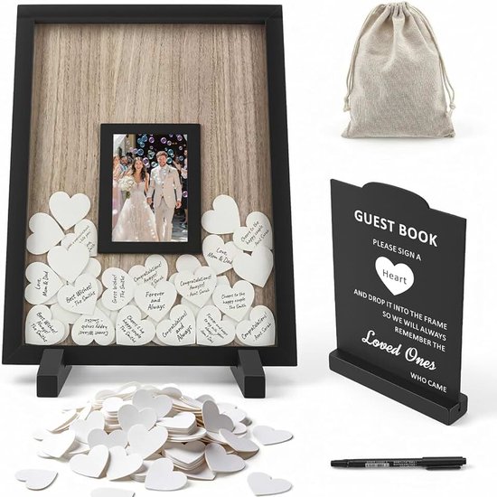 Bruiloftsgastenboek in hartvorm van hout, met frame en kaartdoos, gepersonaliseerde decoratie voor bruiloft, feest en verjaardag (rechthoekig)