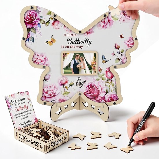 Bruiloftsgastenboek van hout, vlindervormig, vlindervormig alternatief met fotolijst en dropbox, rustiek alternatief voor het klassieke gastenboek voor bruiloft, babyshower en afstudeerfeest