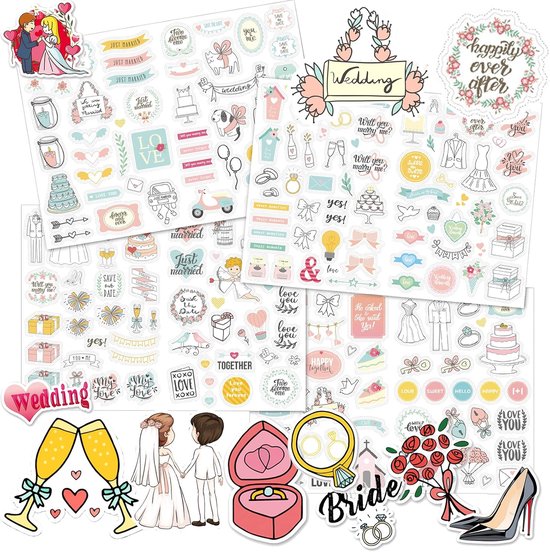 Bruiloftstickers - 256 stuks zelfklevende thematische stickers voor gastenboeken, doe-het-zelf-dagboeken, brieven en het maken van kaarten