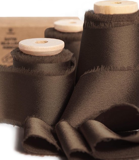 Bruin, zijdezacht chiffonlint, 30 cm x 30 m met houten spoel, handgemaakte franjeslinten voor geschenkverpakking, feestelijke decoratie, doe-het-zelf handwerk, bruiloft, bruidsboek