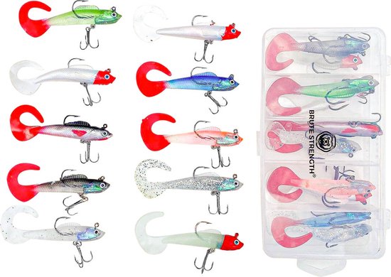 Brute Strength - Kunst Aas Set - 10 stuks - Roofvissen Pluggen Met Haak Set Voor Snoek/Baars Roofvis 1 kunstaas - Shads van Brute Strength