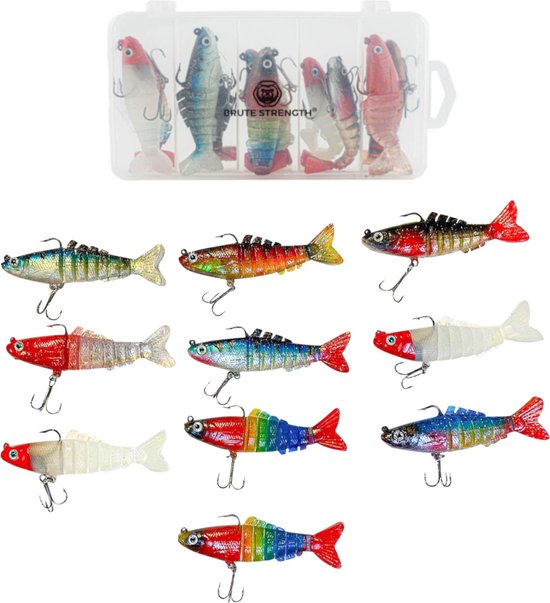 Brute Strength - Kunst Aas Set - Roofvissen Pluggen Met Haak Set Voor Snoek Baars Roofvis kunstaas - 9 cm - 10 Stuks - Shads van Brute Strength
