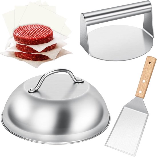 Burger Set 4-delig Burger-set Roestvrijstalen Burgerpers met 50 vellen paraffinepapier Burgerkap Melting Dome Burger Breed Spatel Grill accessoires voor Outdoor en Indoor