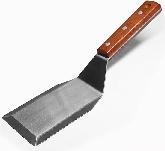 Burger Spatel Turner voor gietijzeren koekenpannen en platte grills, volledig tang-houten handvat, roestvrijstalen mes, 13,7 cm x 7,5 cm