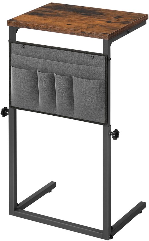 C-vormige bijzettafel, in hoogte verstelbaar 50-75 cm, salontafel, salontafel met 5 Oxford stoffen zakken, voor woonkamer, slaapkamer, badkamer, vintage bruin en zwart EBF77SF01