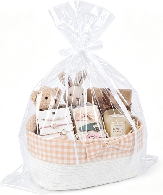 Cadeaumand, leeg, met cellofaanzak en lint, katoenen touw, geschenkmand, 34,5 x 25,5 x 15 cm, rechthoekige opbergmand voor verjaardag, Kerstmis, babyshower, bruiloft, badkamerdecoratie