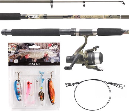 Camouflage telescopische hengelset voor forel en baars met kunstaas en rol van Fladen