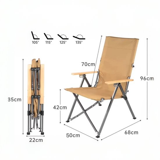 Campingstoel - Strandstoel - Vissersstoel - Visstoel - Rugleuning - Opvouwbare stoel - Beige - Hoogte 96cm - Verstelbaar