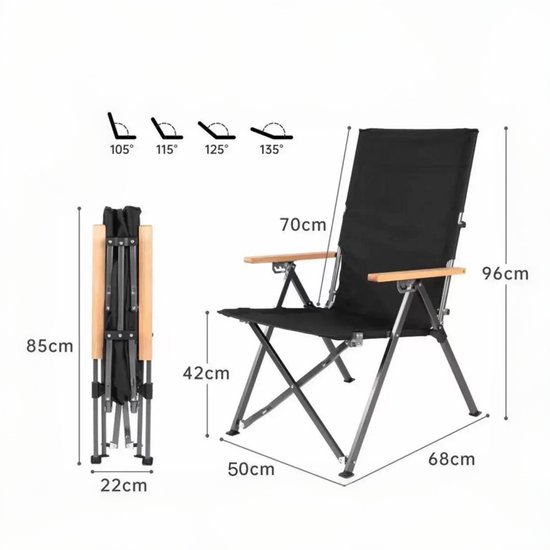 Campingstoel - Strandstoel - Vissersstoel - Visstoel - Rugleuning - Opvouwbare stoel - Zwart - Hoogte 96cm - Verstelbaar