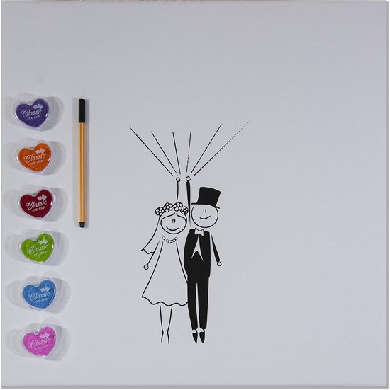 Canvas voor vingerafdrukken DIY bruiloft, jubileum, familiefeest, feest, verjaardag als gastenboek incl. stempelkussen en pen - motief bruidspaar - 50x50cm