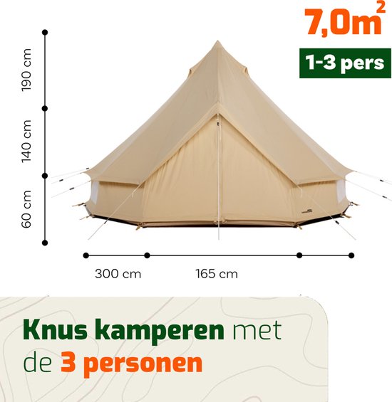 CanvasCamp Sibley 300 Traveller Poly - Katoen Bell Tent - Tipitenten - Tent voor 1 tot 3 personen - 300x300x190 (LxBxH) - Glamping Tent, Festival Tent - Waterdicht, muggengaas bij de ramen en deuren van CanvasCamp