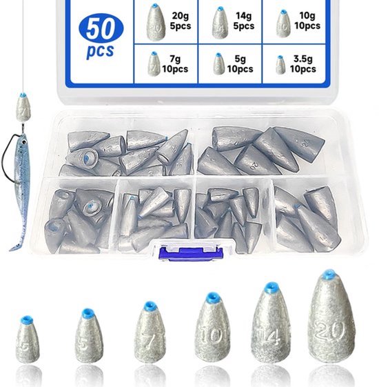 Carolina Rig - Bullet Sinker - 50 Stuks - 3,5g/5g/7g/10g/14g/20g - Perfect voor Zeevissen - Inclusief Opbergtas