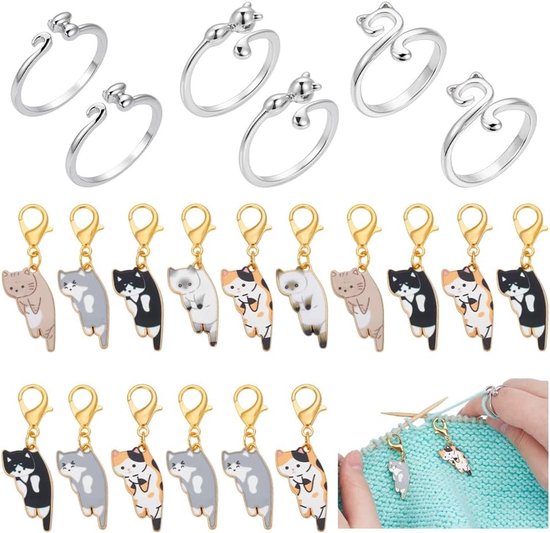 Cat Haakringen voor Haken, Inclusief 16 Kat Enamel Legering Hangers, Steekmarkeringen en 6 Katvormige Open Cuff Ringen voor Creatief Handwerk