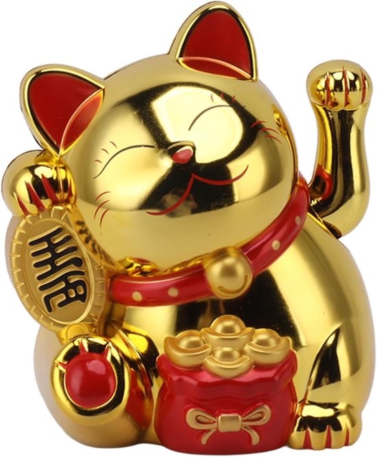 Cat, Maneki Neko Zwaaiende Kat, Maneki Neko Zwaaiende Gelukskat met Zwaaiende Arm Geluksbrenger Op Zonne-energie Leuke Fortune Kat Geluk Rijkdom Gastvrije Kat, 5,5 Inch