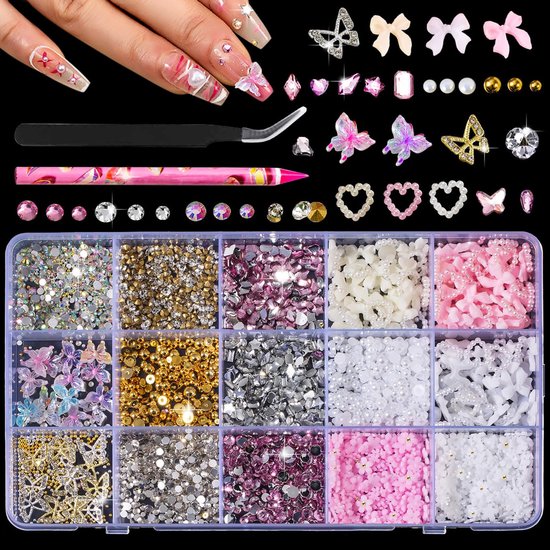 Charms and Gems, Pink Cute Bow Heart 3D Flower Charms for Junk Cases kit, Gold Chunky Butterfly Charms for Nails Design,Nail jewels Diamond Rhinestones, Beads Pearls