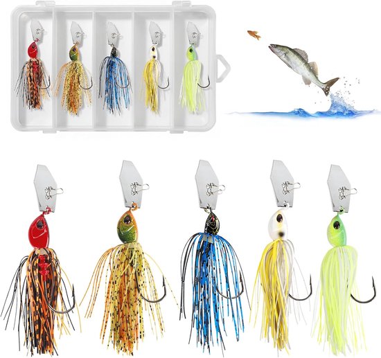 Chatterbait kunstaas set voor roofvissen, 5 stuks, 15 g, met metalen glitterblad en 3D-visogen, haakmaat 3/0