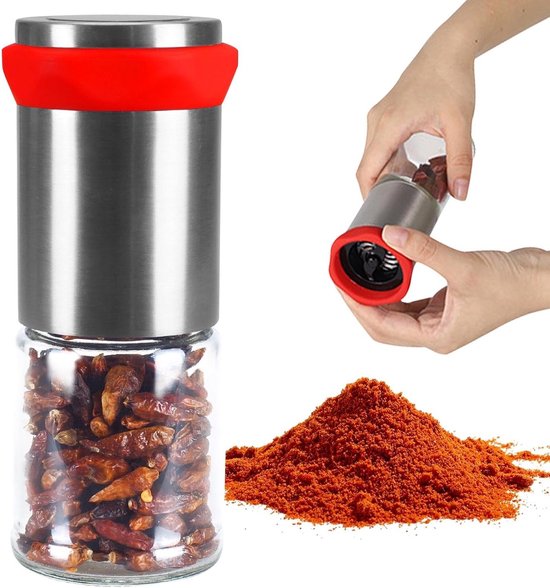 Chili Cutter en Pepermolen van RVS en Glas, 17,5 cm Hoog, Specerijen Molen voor Kruidige Gerechten van Merkloos