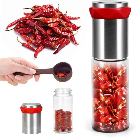 Chili Maalmolen van RVS en Glas (170 ml) voor Grof Kruid en Droge Chili, Robuuste Snijtechniek met Aromabeschermend Deksel en Ergonomisch Ontwerp
