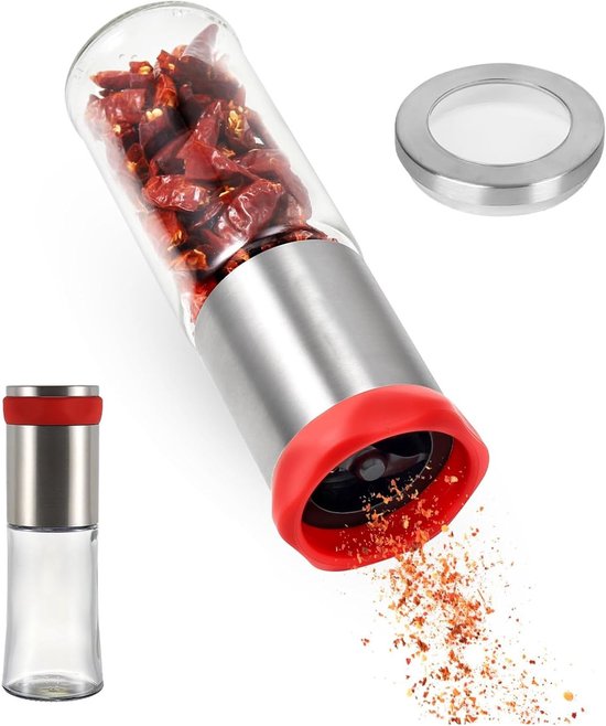 Chili Molen 150ml - Specerijen Molen van Glas en RVS voor Droge Chili Pepers, Perfect voor Thuiskeuken en Koken met Kruidige Gerechten