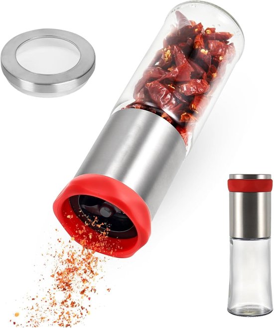 Chili Molen 150ml - Specerijen Molen voor Gedroogde Chili Pepers - Keukenaccessoire van Glas en RVS voor Perfecte Kruidensmaak