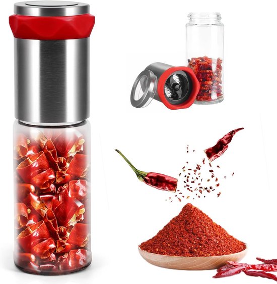 Chili Molen van RVS en Glas (170 ml) voor Grof Kruid en Droge Chili, Specerijenmolen met Aroma Beschermde Deksel en Robuuste Snijtechnologie van Merkloos