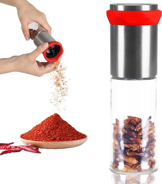 Chili Molen van RVS en Glas, 170ML Pepermolen voor Droge Pepers, Perfect voor Kruidige Gerechten en Koken van Merkloos