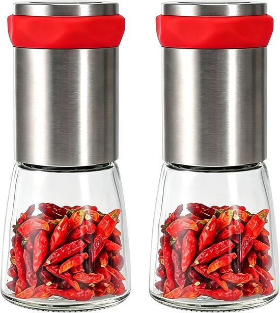 Chili Molen van RVS en Glas, 2-delige Kruidenmolen Set voor Grof Gemalen Specerijen, Peper en Gedroogde Chili, 140 ml Capaciteit