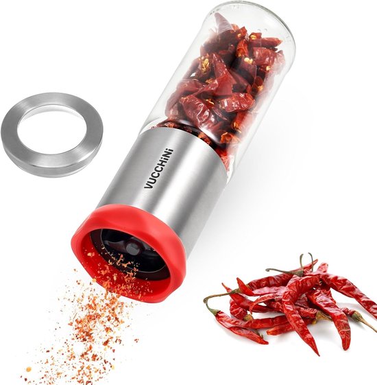 Chili Molen van RVS en Glas, Perfect voor Gedroogde Pepers, Specerijen en Kruidige Gerechten