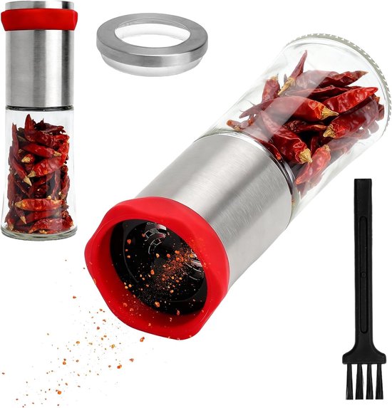 Chili Molen van RVS met Borstel, 150 ml Specerijenmolen voor Grof Malen van Chili, Zout, Peper en Kruiden voor in de Keuken en BBQ